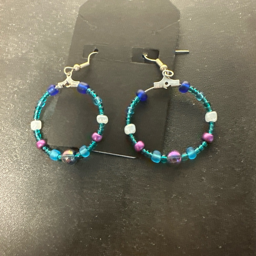 Vibrant Beaded Hoop Earrings - Blue and Purple